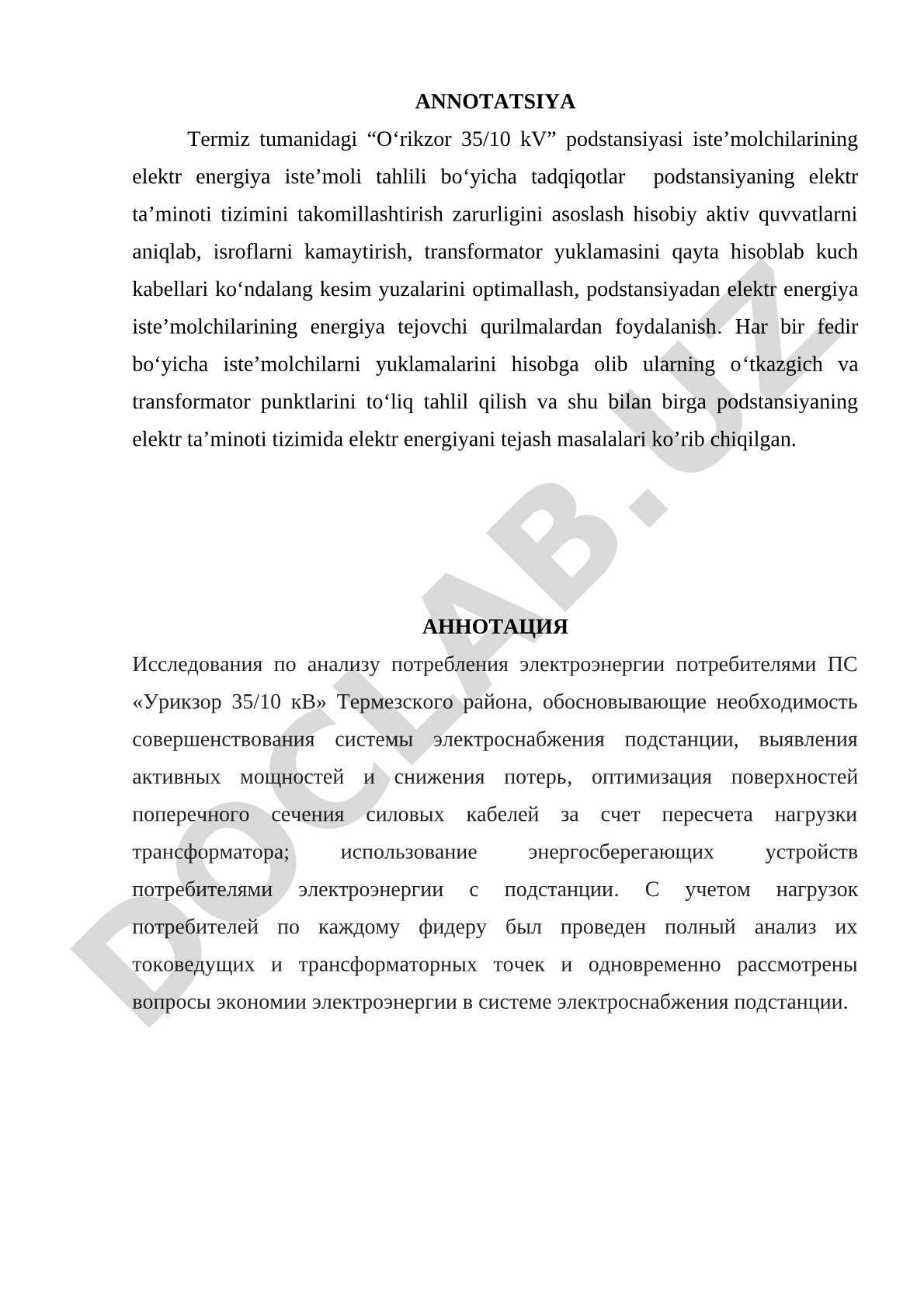 Termiz tumanidagi “O‘rikzor 35/10 kV” podstansiyasi iste’molchilarining elektr energiya iste’moli tahlili