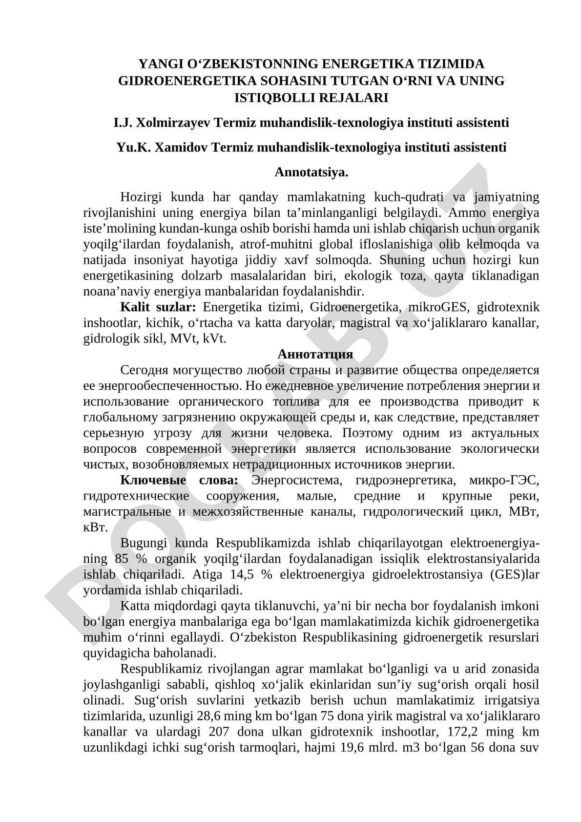 Yangi O'zbekiston energetika tizimida gidroenergetika sohasini tutgan o'rni va uning istiqbolli rejalari