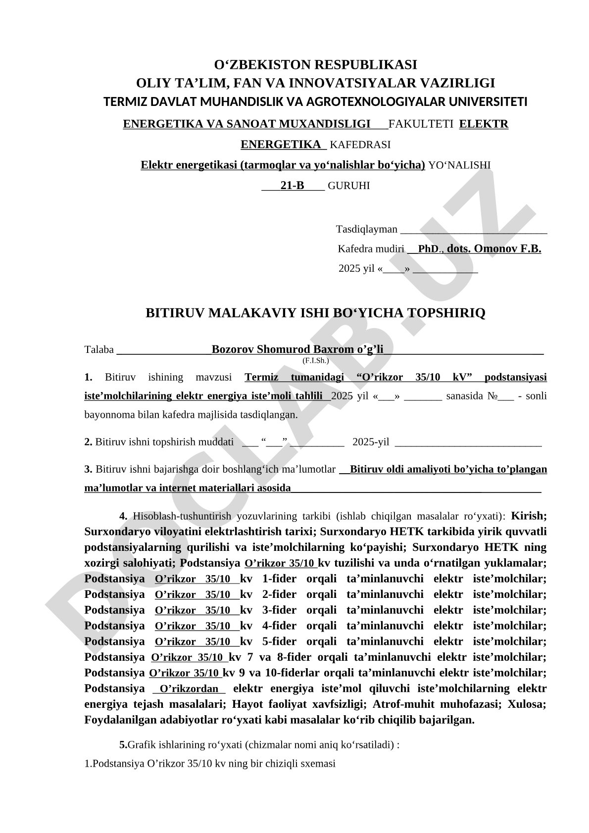 Termiz tumanidagi “O’rikzor 35/10 kV” podstansiyasi iste’molchilarining elektr energiya iste’moli tahlili