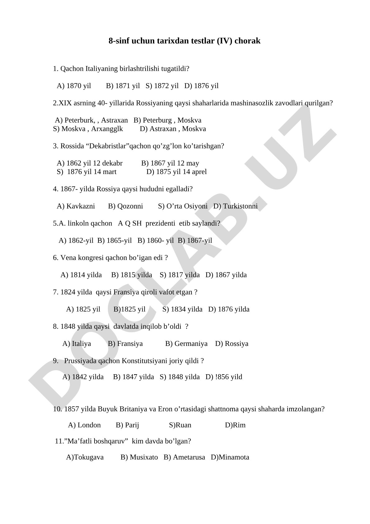 8-sinf uchun tarixdan testlar (IV) chorak