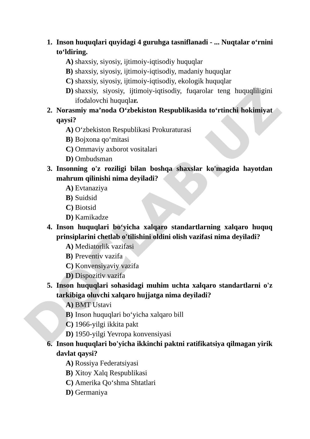 Inson huquqlari tasnifi va xalqaro standartlar