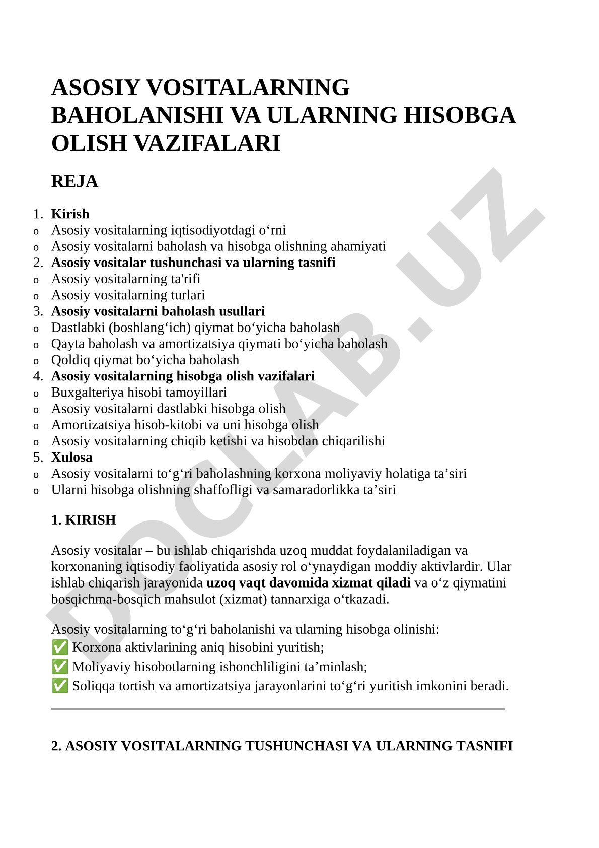Asosiy vositalarning baholanishi va ularning hisobga olish vazifalari
