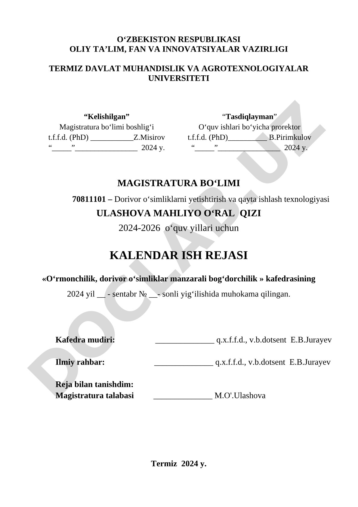 Magistratura talabasi uchun kalendar ish rejasi