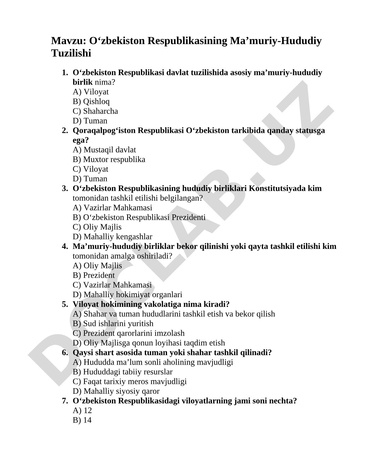 Oʻzbekiston Respublikasining Ma’muriy-Hududiy Tuzilishi