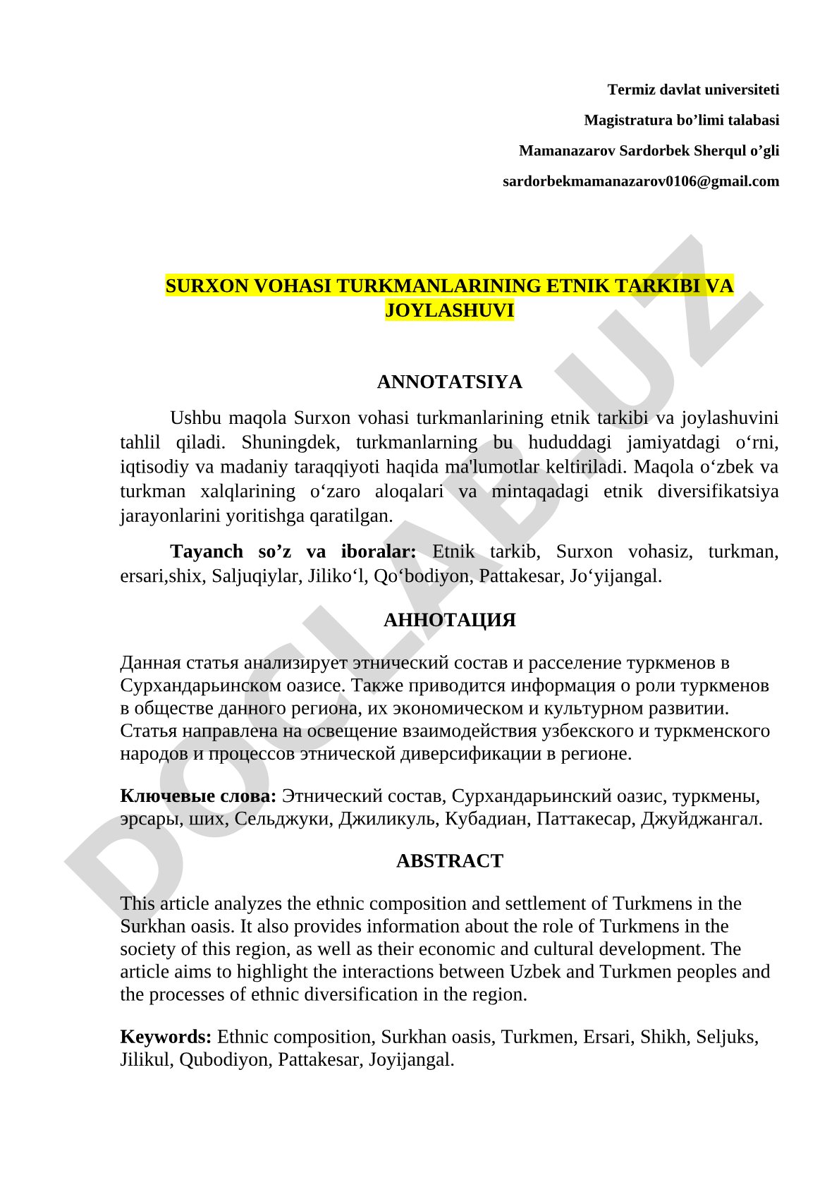 Surxon vohasi turkmanlarining etnik tarkibi va joylashuvi