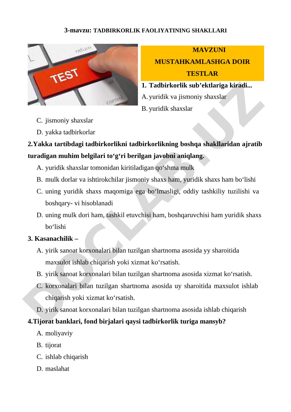 Tadbirkorlik faoliyatining shakllari mavzusini mustahkamlashga doir testlar