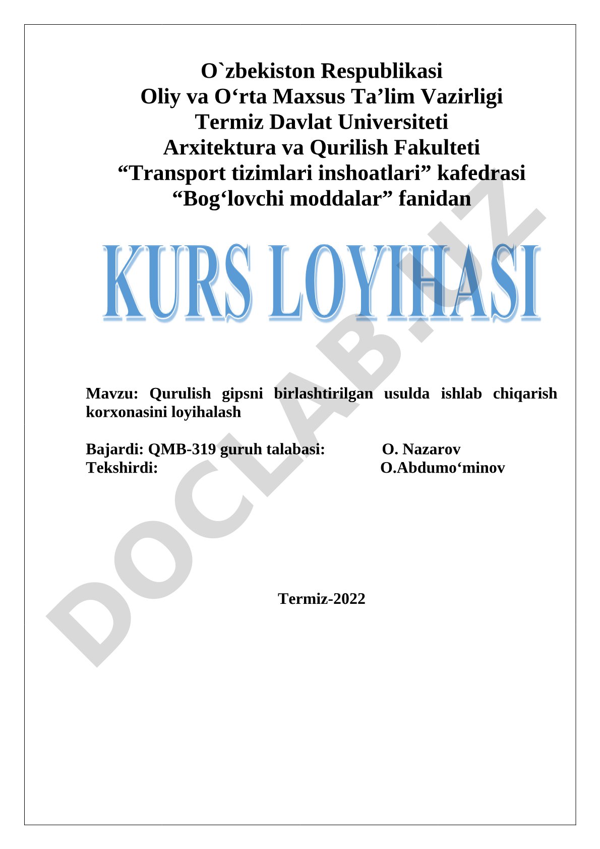 Qurilish gipsni birlashtirilgan usulda ishlab chiqarish korxonasini loyihalash