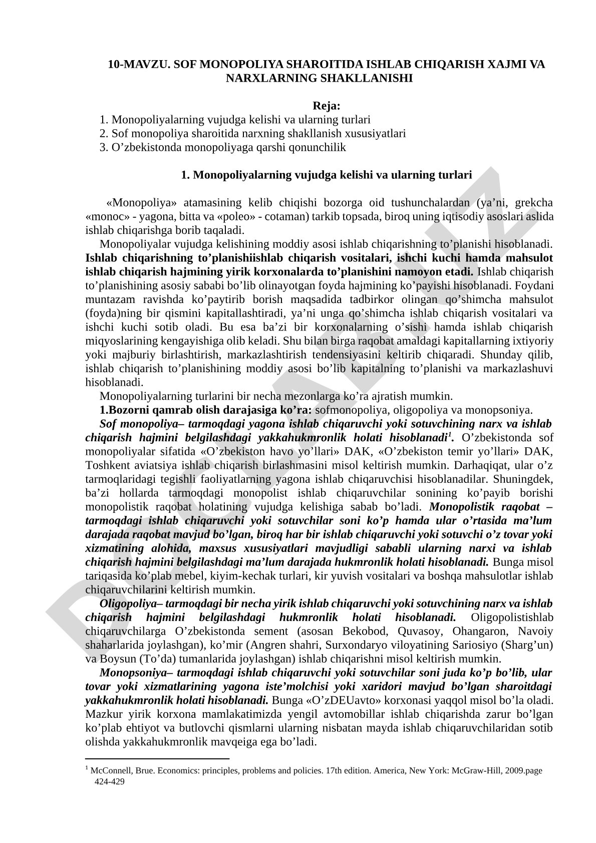 Sof monopoliya sharoitida ishlab chiqarish xajmi va narxlarning shakllanishi