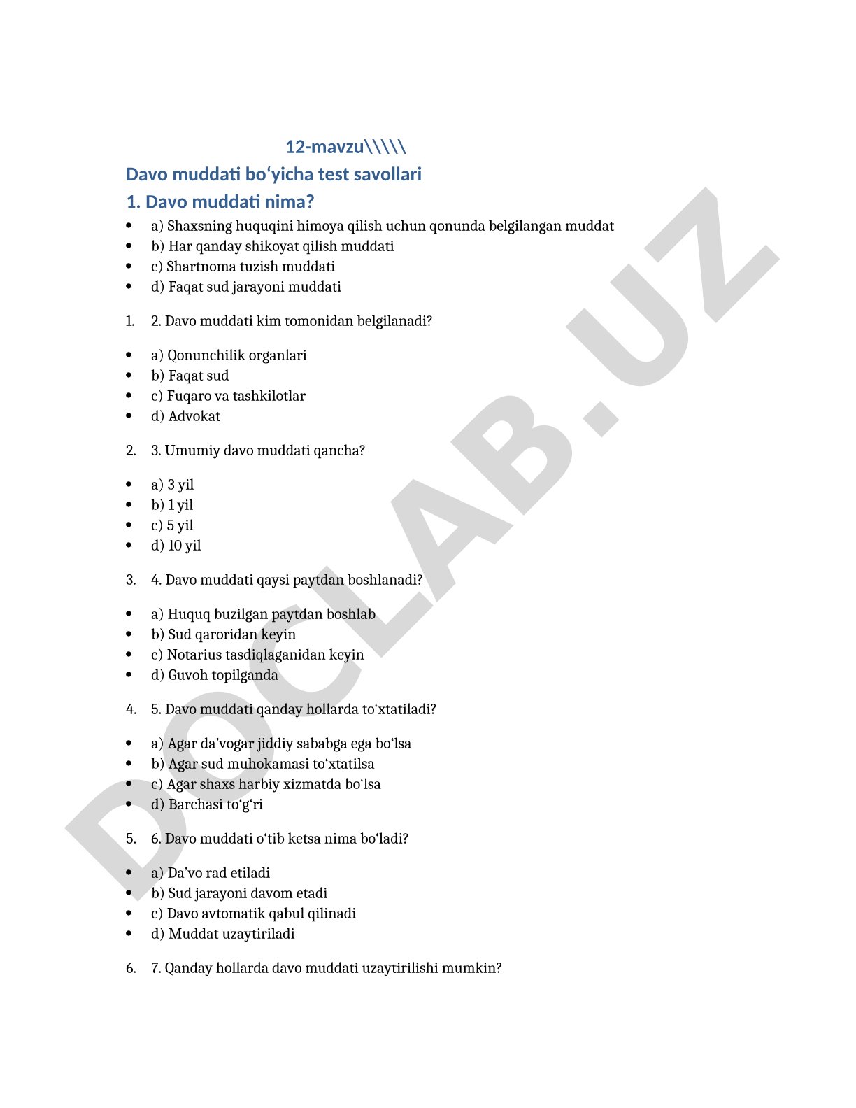Davo muddati bo'yicha test savollari