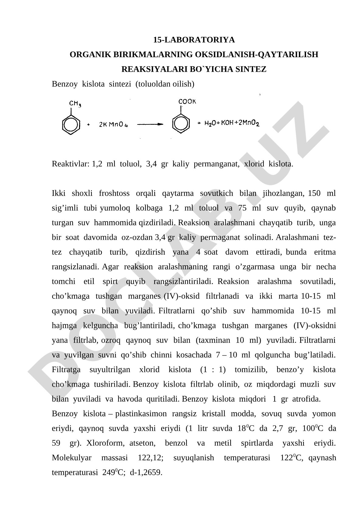 Benzoy kislota sintezi (toluoldan olish)