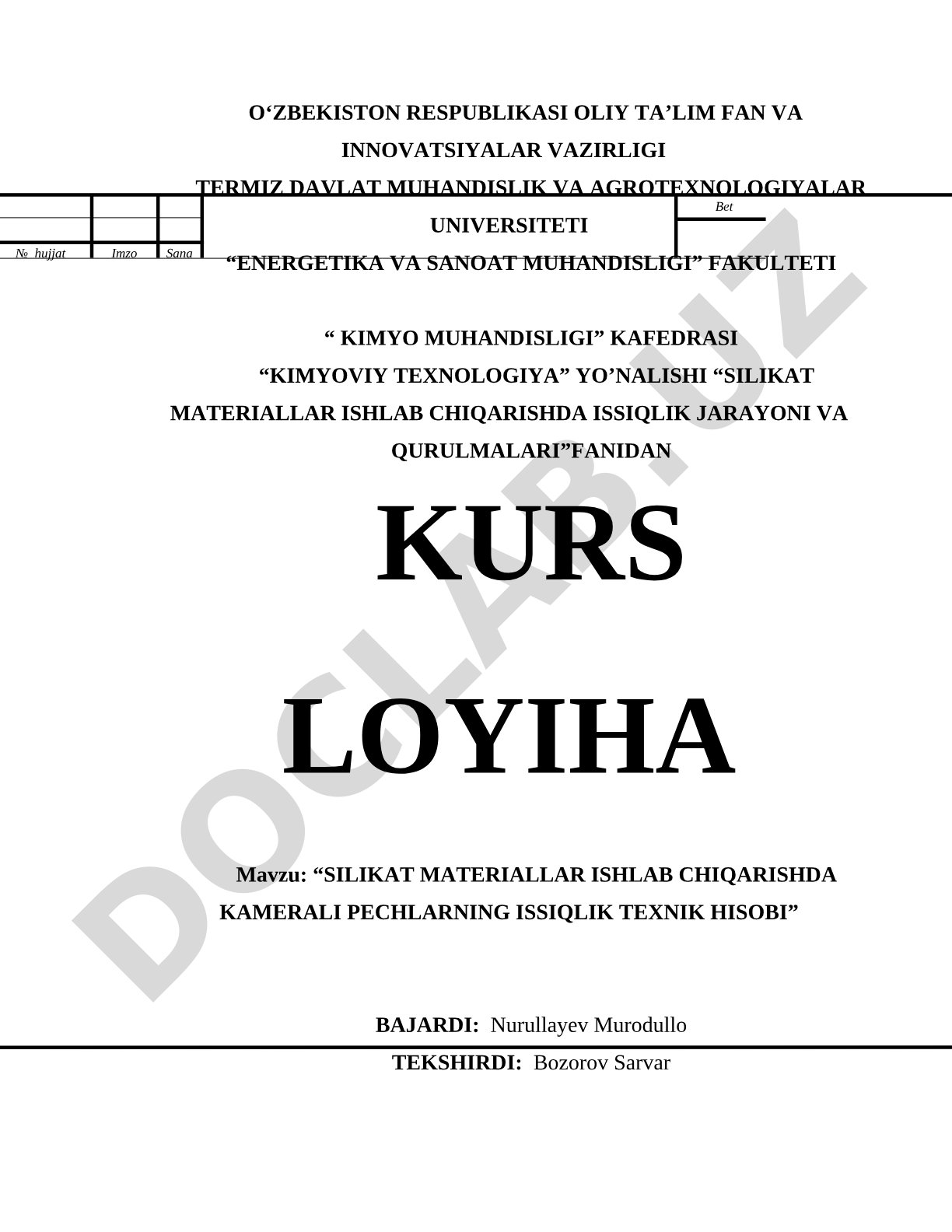 Silikat materiallar ishlab chiqarishda kamerali pechlarning issiqlik texnik hisobi