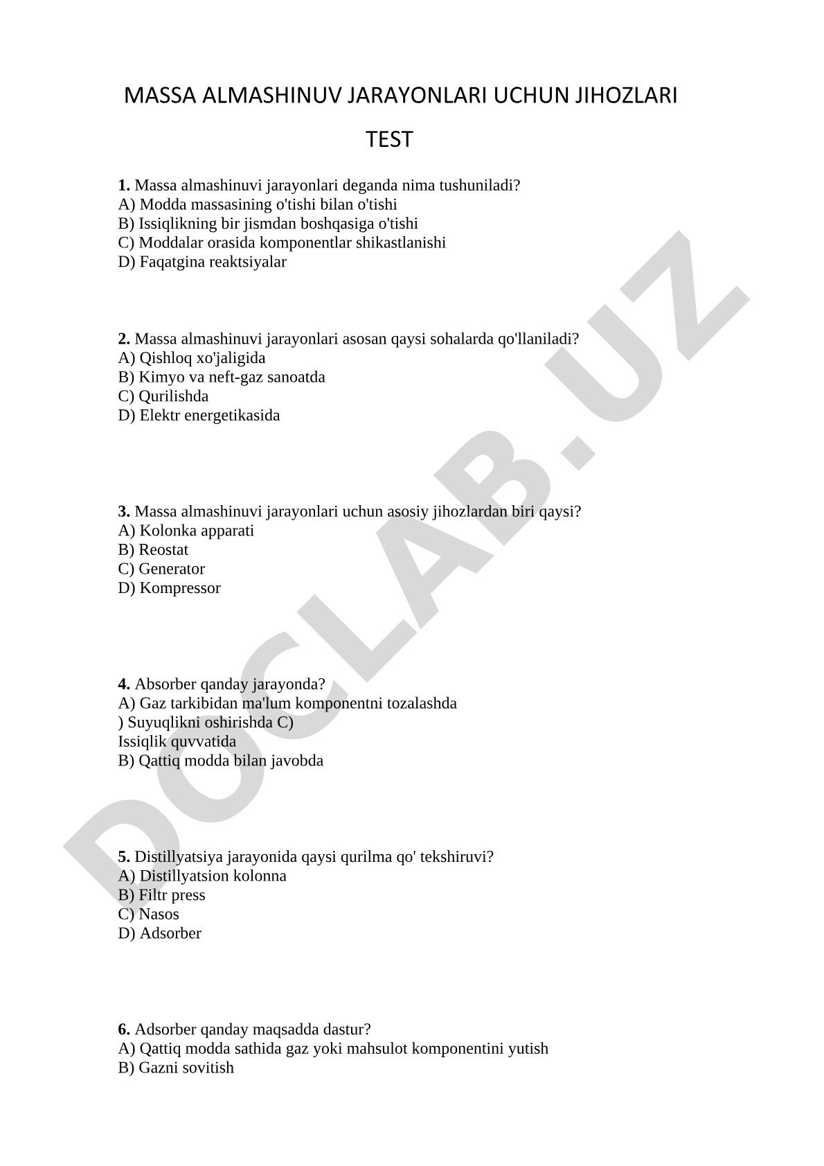 Massa almashinuv jarayonlari uchun jihozlar test