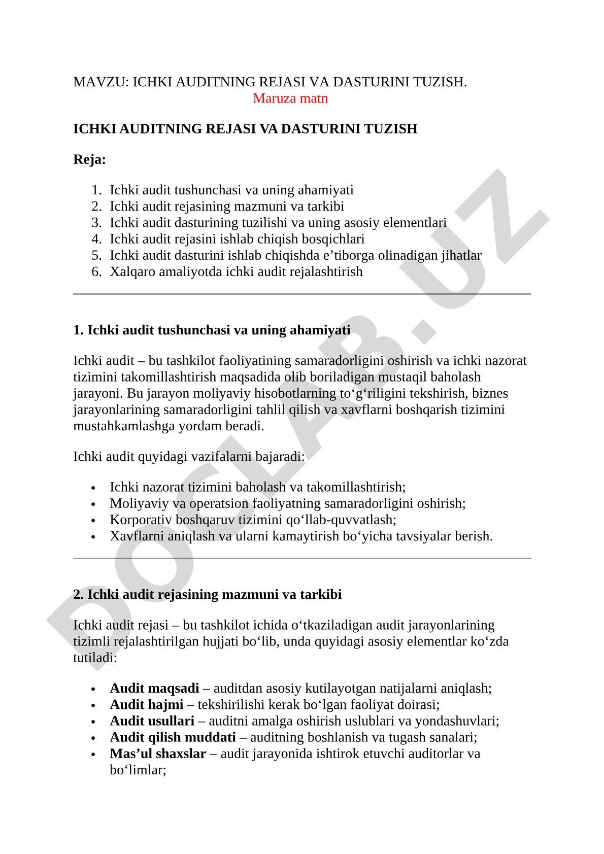 Ichki auditning rejasi va dasturini tuzish