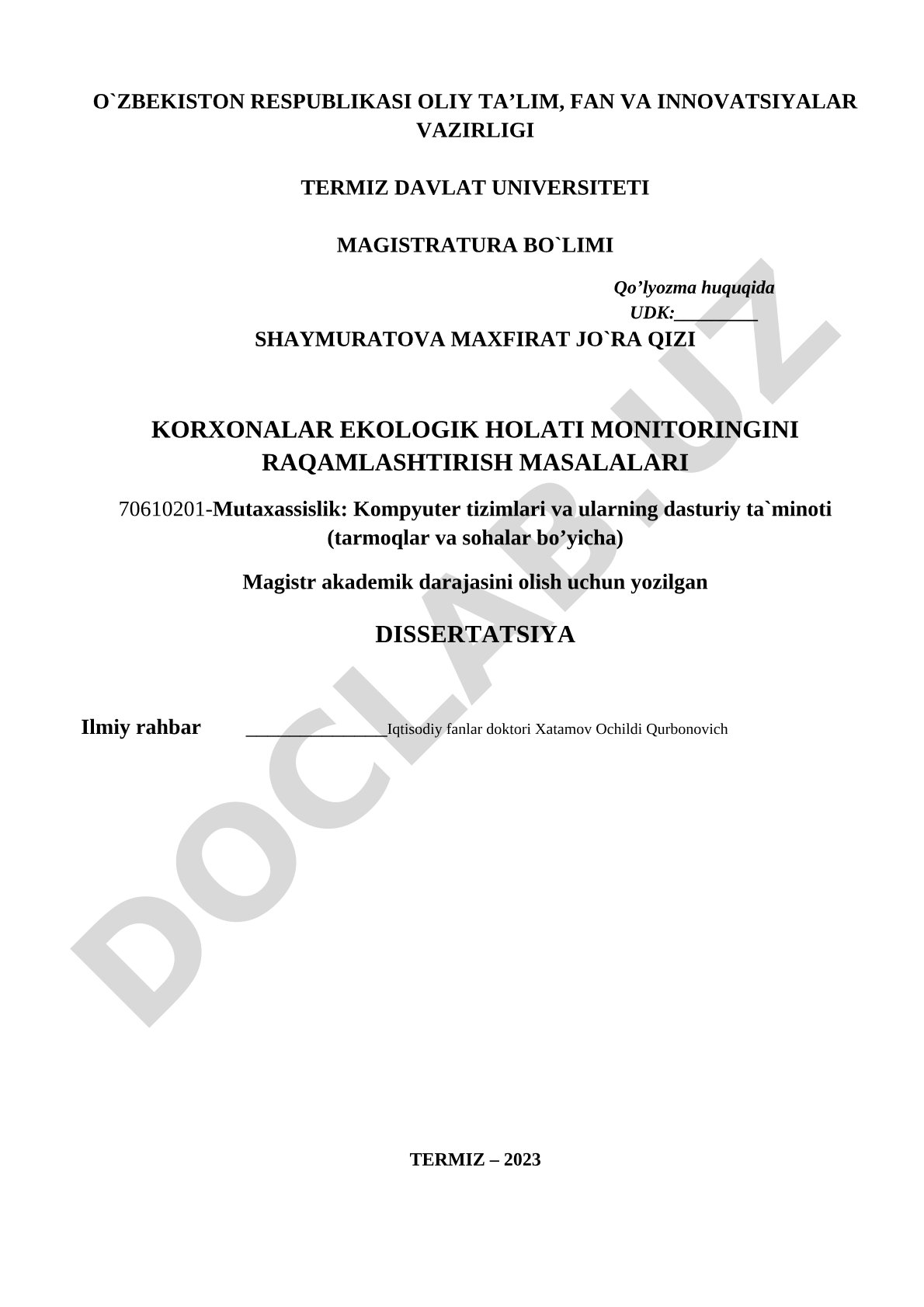 Korxonalar ekologik holati monitoringini raqamlashtirish masalalari