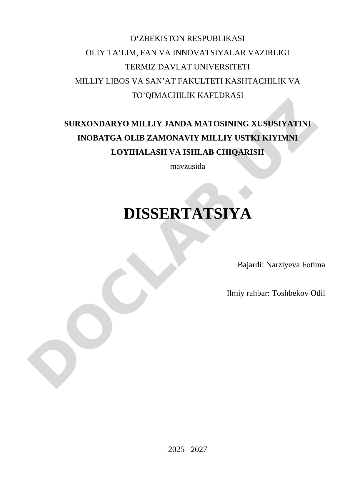 Surxondaryo milliy janda matosining xususiyatlarini inobatga olib, zamonaviy milliy ustki kiyimlar loyihalash va ishlab chiqish