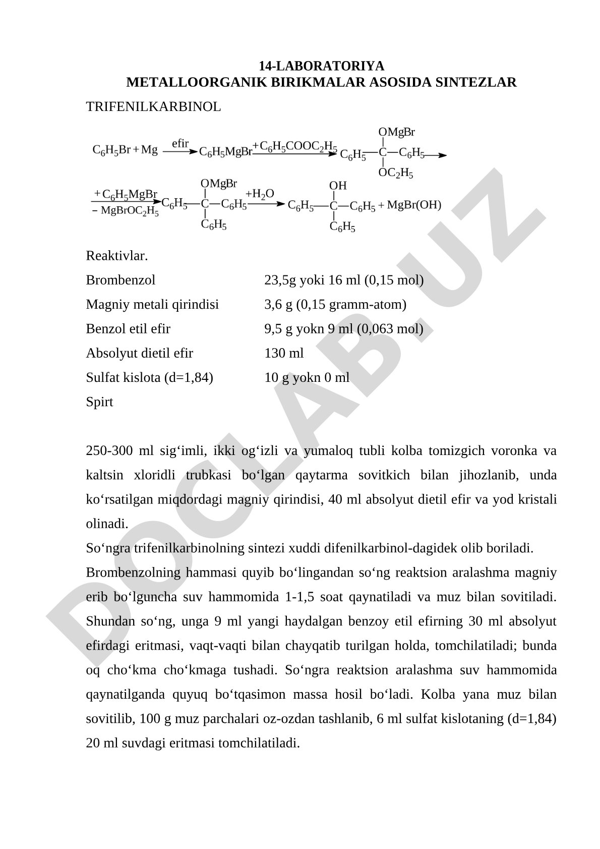 Trifenilkarbinol sintezi metallorganik birikmalar asosida
