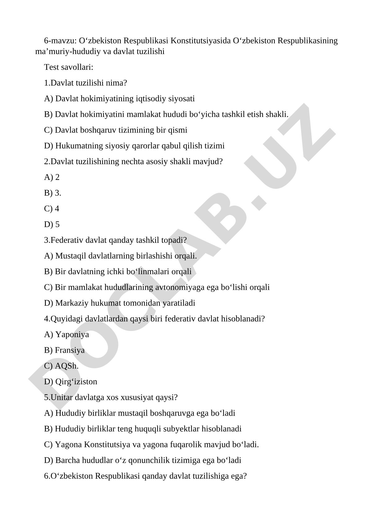 O‘zbekiston Respublikasi Konstitutsiyasida ma’muriy-hududiy va davlat tuzilishi