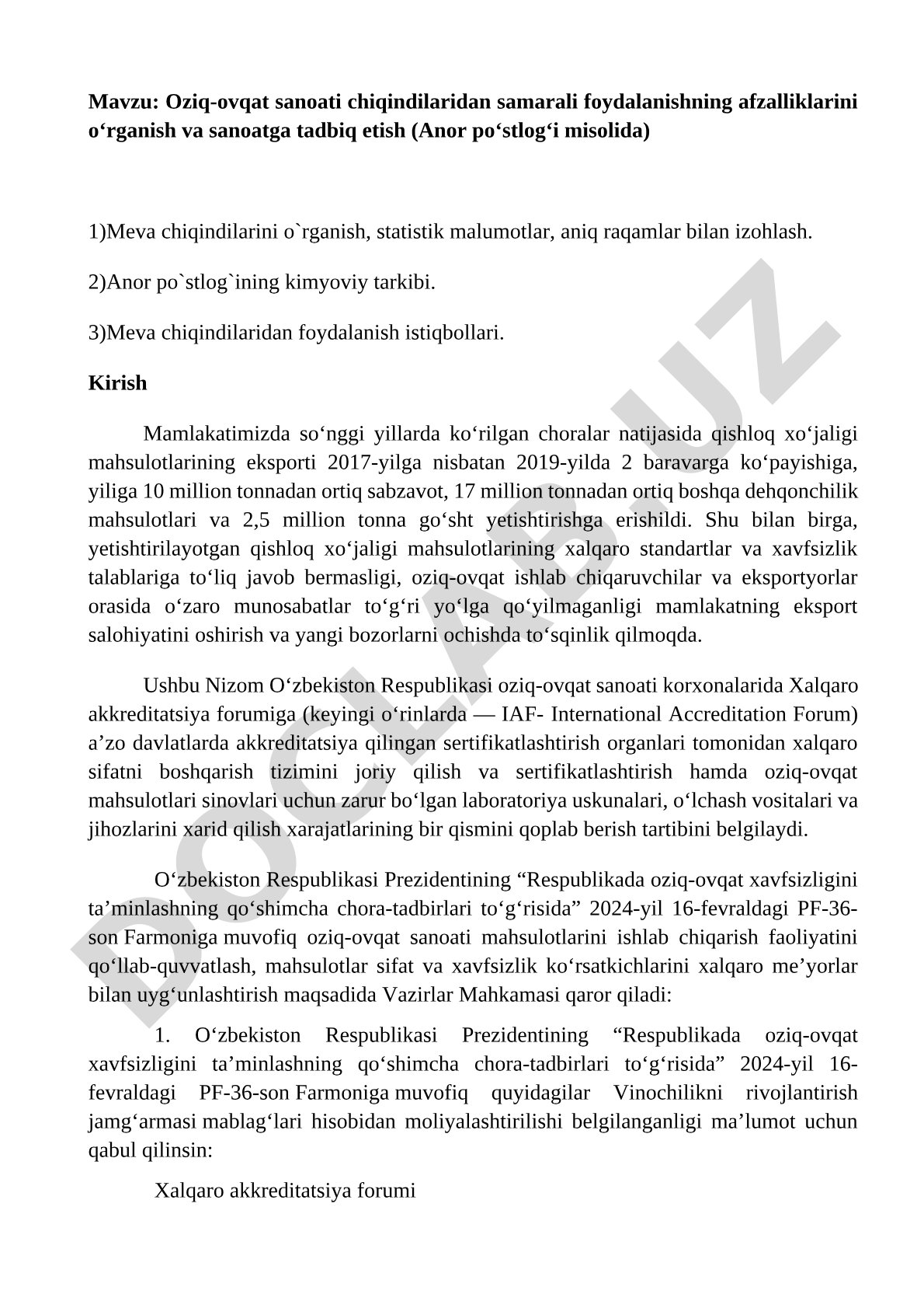 Oziq-ovqat sanoati chiqindilaridan samarali foydalanishning afzalliklarini o‘rganish va sanoatga tadbiq etish (Anor po‘stlog‘i misolida)