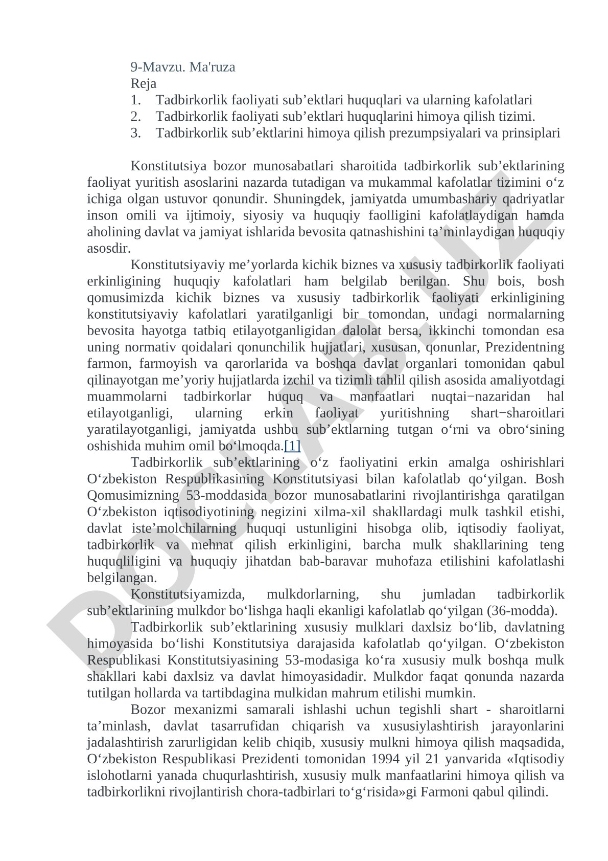 Tadbirkorlik faoliyati sub’ektlari huquqlari va ularning kafolatlari