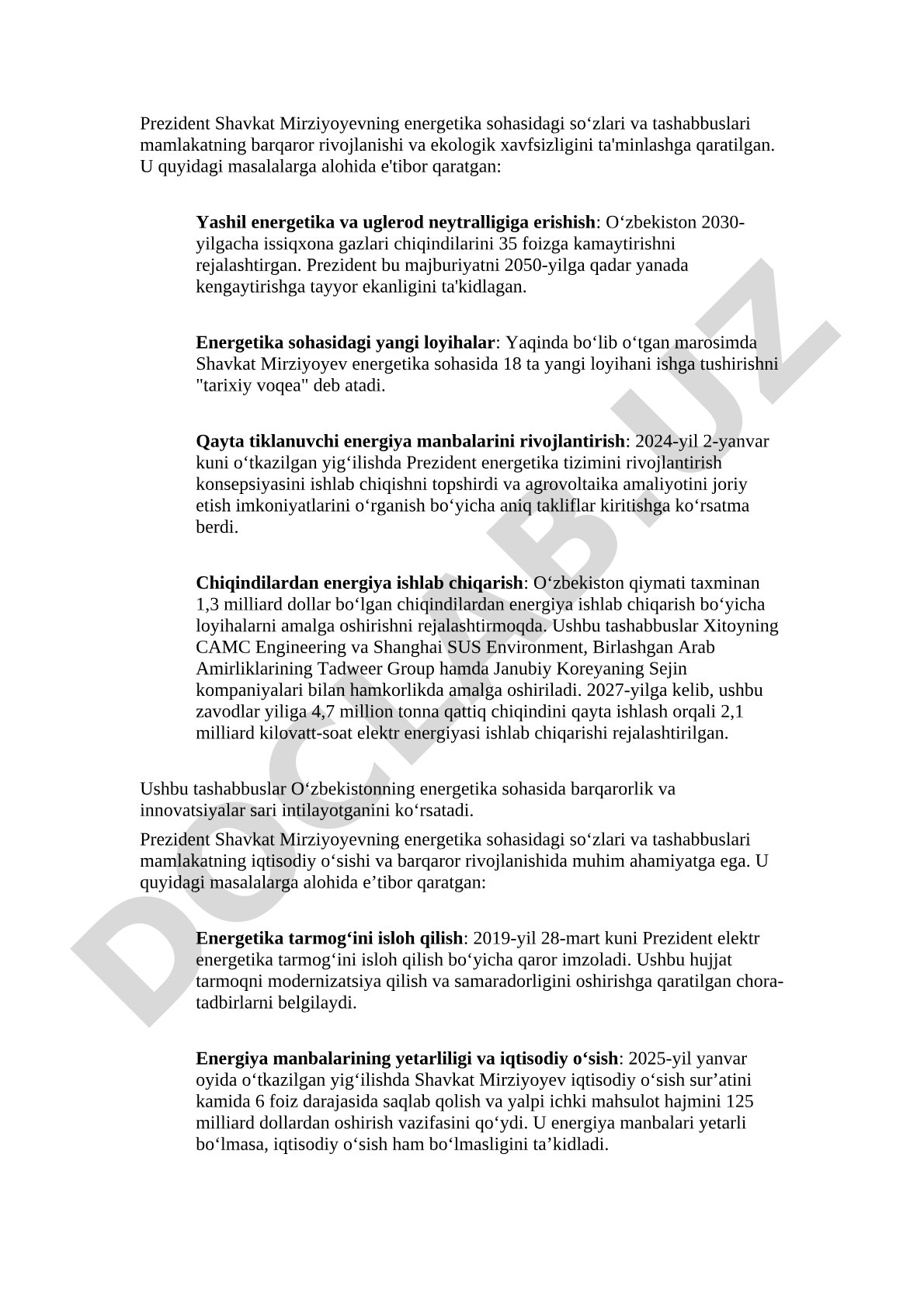Prezident Shavkat Mirziyoyevning energetika sohasidagi tashabbuslari