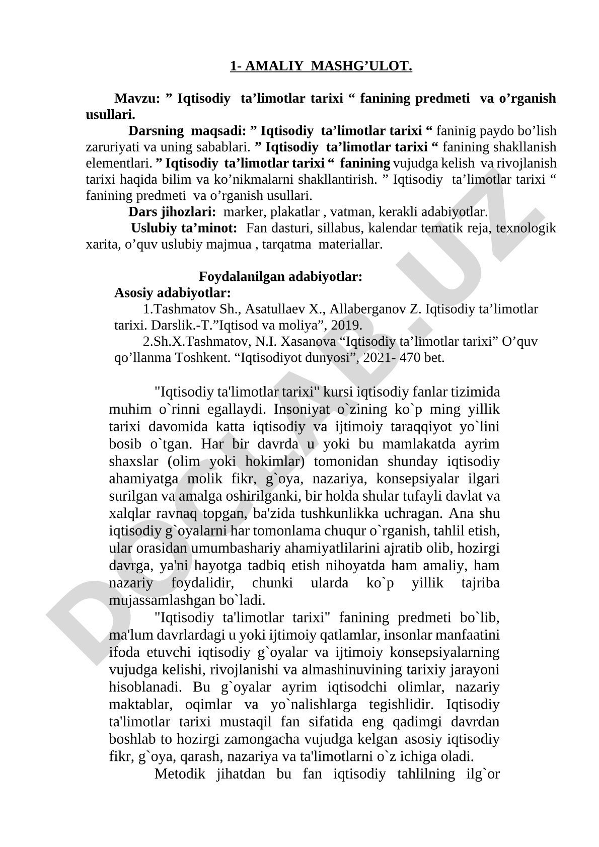 Iqtisodiy ta'limotlar tarixi fanining predmeti va o'rganish usullari