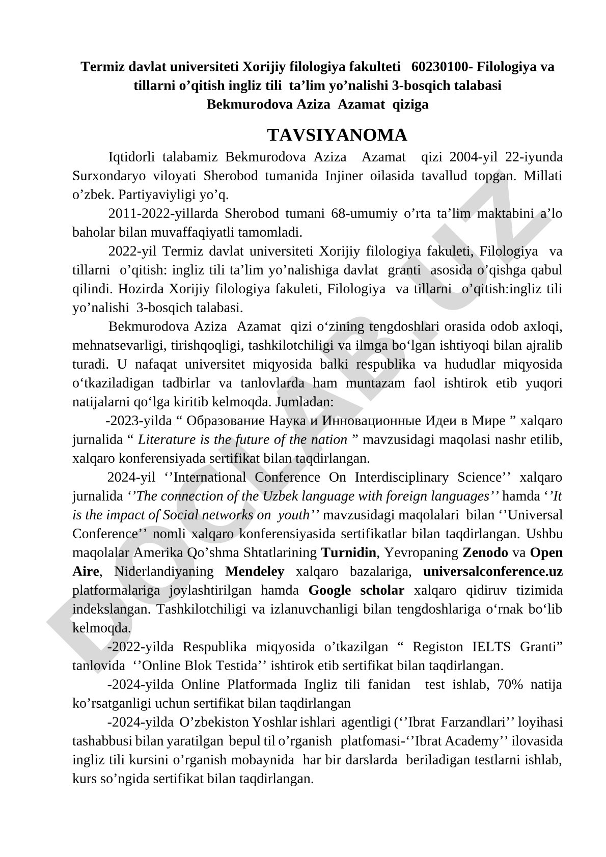 Bekmurodova Aziza Azamat qiziga tavsiyanoma