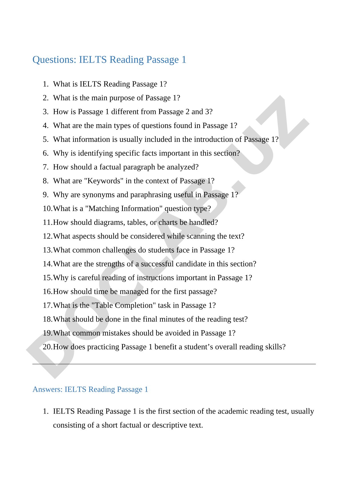 IELTS Reading Passage 1: Questions and Answers