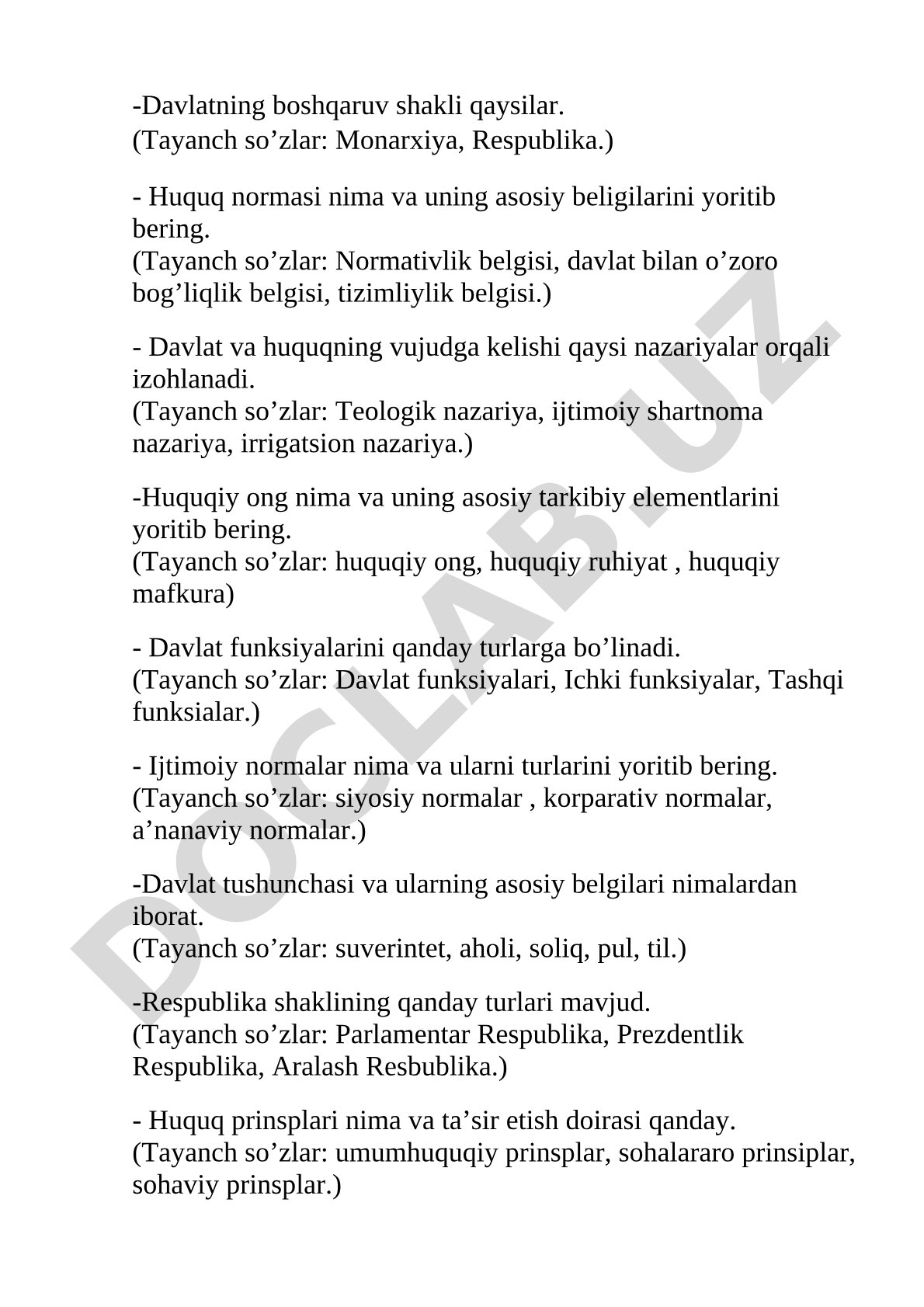 Davlat va huquq asoslari bo'yicha savol-javoblar