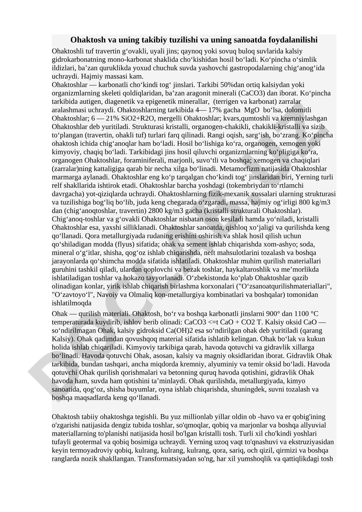 Ohaktosh va uning tarkibiy tuzilishi va sanoatda foydalanilishi