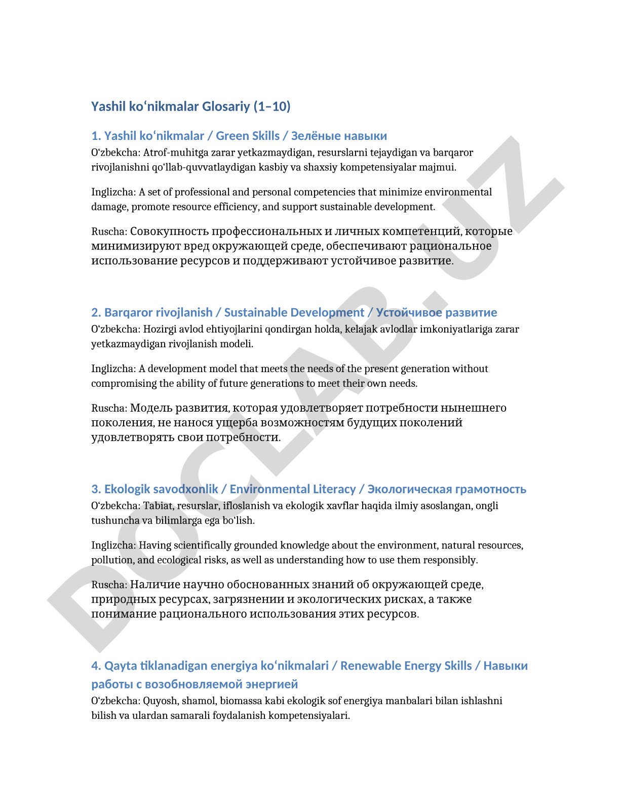 Yashil ko‘nikmalar Glosariy (1–10)