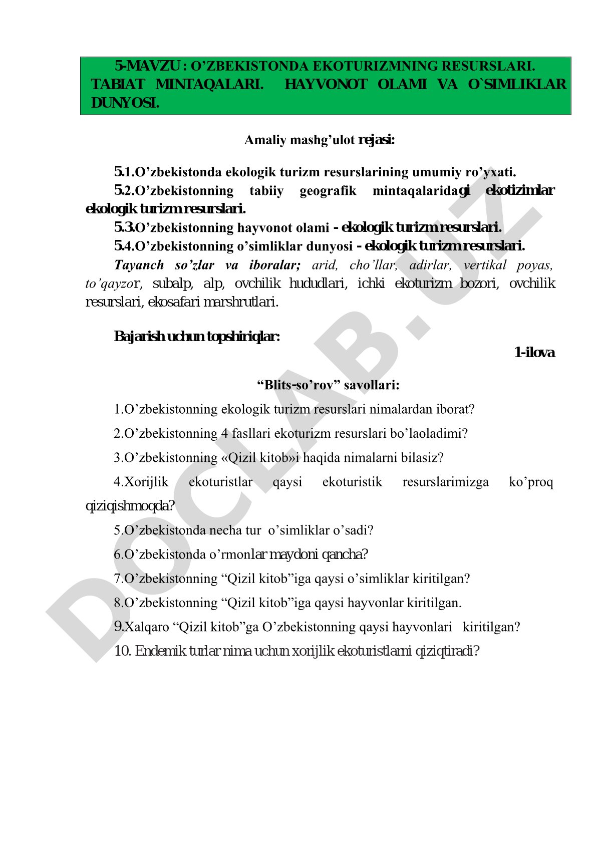 O'zbekistonda ekoturizm resurslari, tabiat mintaqalari, hayvonot olami va o'simliklar dunyosi