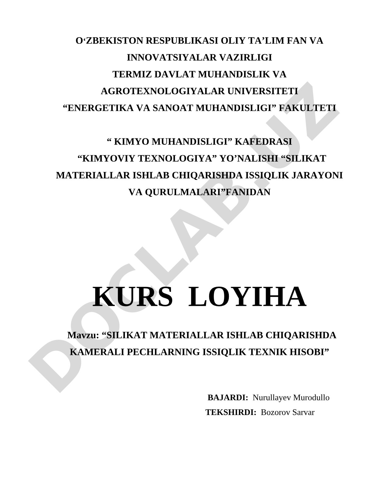 Silikat materiallar ishlab chiqarishda kamerali pechlarning issiqlik texnik hisobi