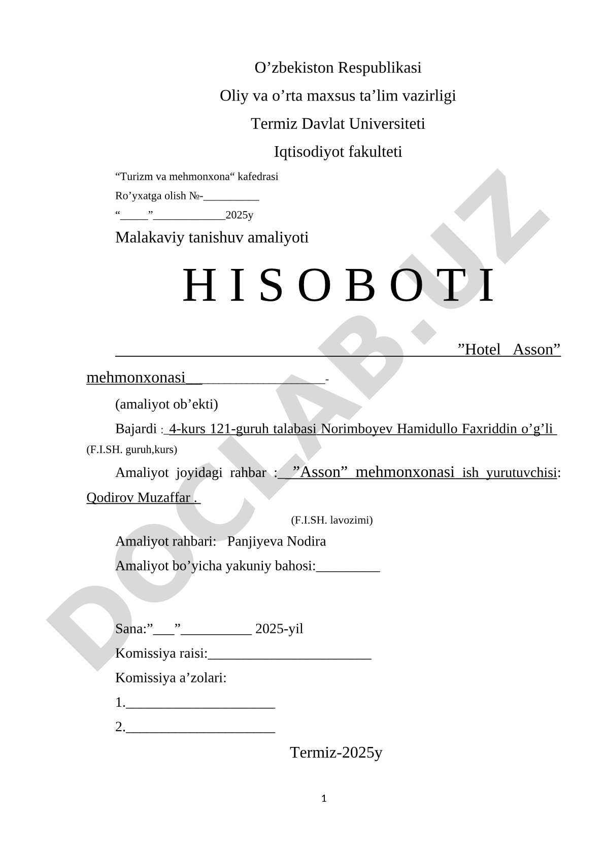 Asson mehmonxonasida malakaviy tanishuv amaliyoti hisoboti