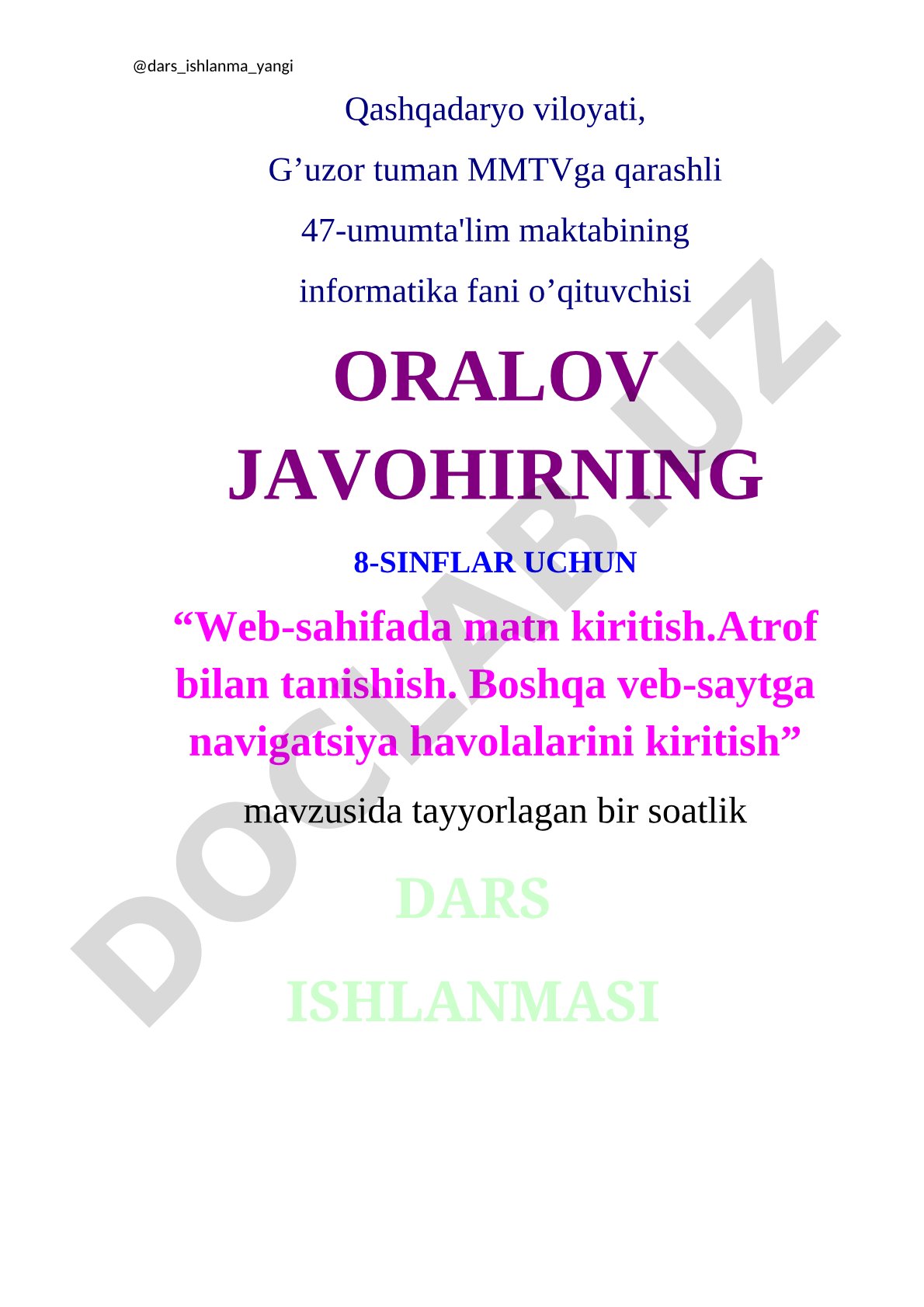 Web-sahifada matn kiritish. Atrof bilan tanishish. Boshqa veb-saytga navigatsiya havolalarini kiritish