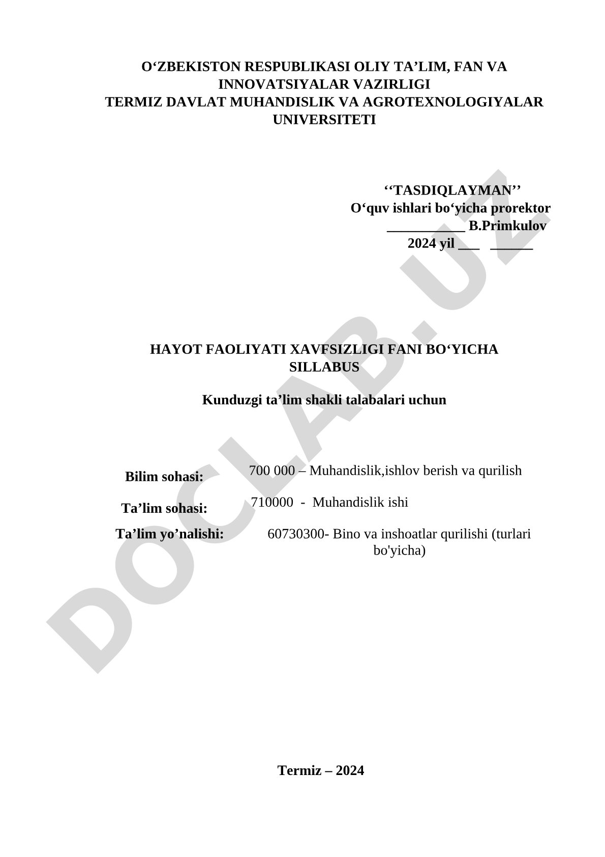 Hayot faoliyati xavfsizligi fani bo'yicha sillabus
