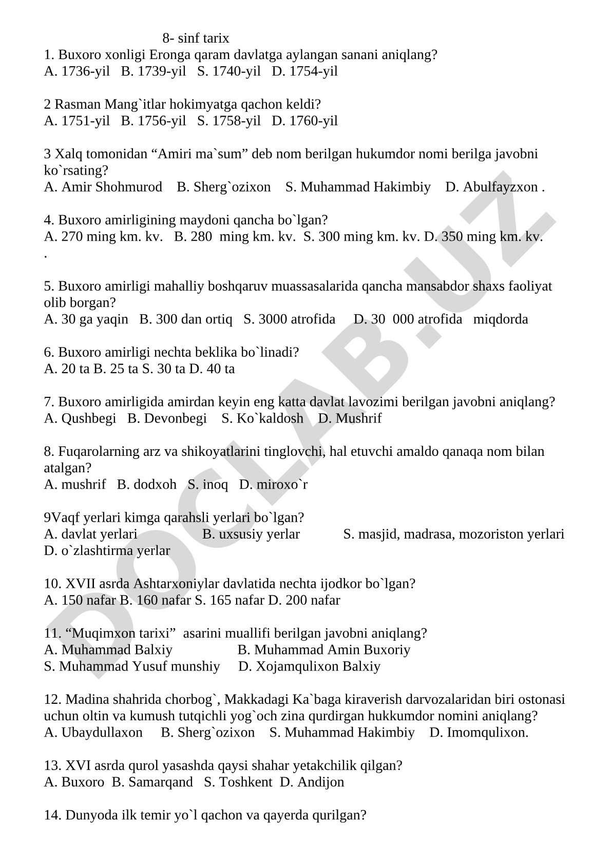 8-sinf tarix test savollari: Buxoro xonligi va amirligi