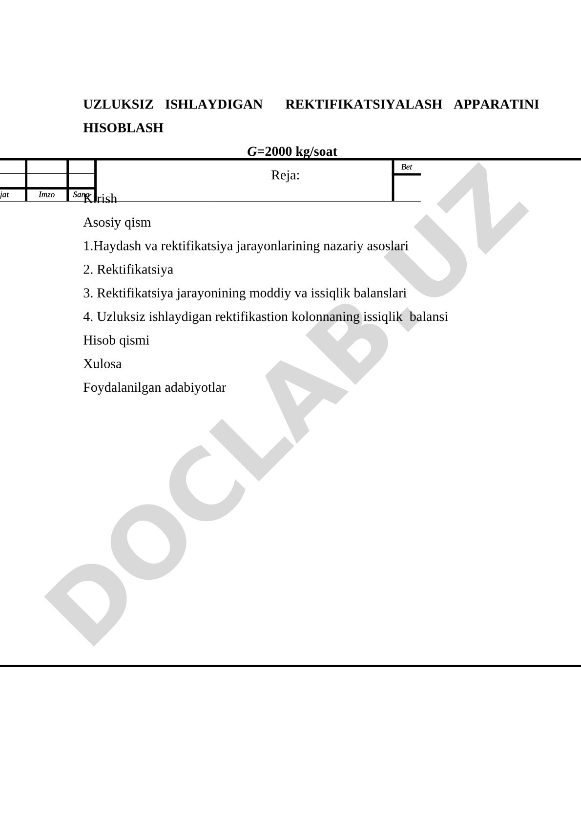 Uzluksiz ishlaydigan rektifikatsiyalash apparatini hisoblash