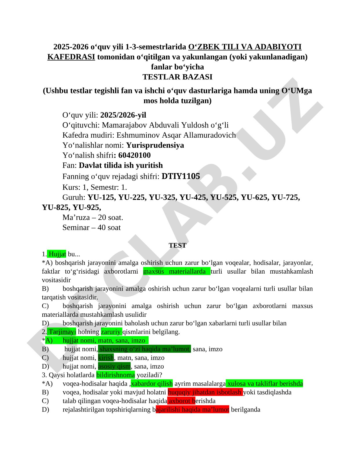 Davlat tilida ish yuritish fanidan testlar bazasi