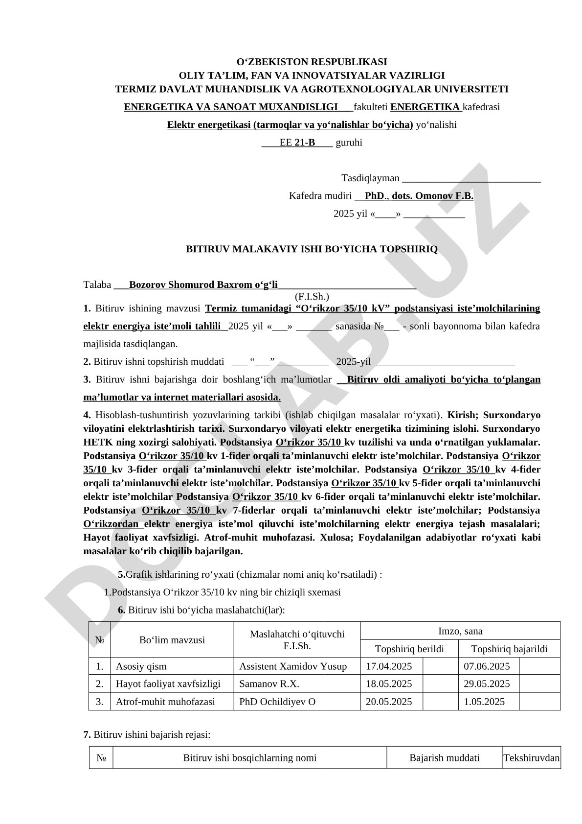 Termiz tumanidagi “O‘rikzor 35/10 kV” podstansiyasi iste’molchilarining elektr energiya iste’moli tahlili