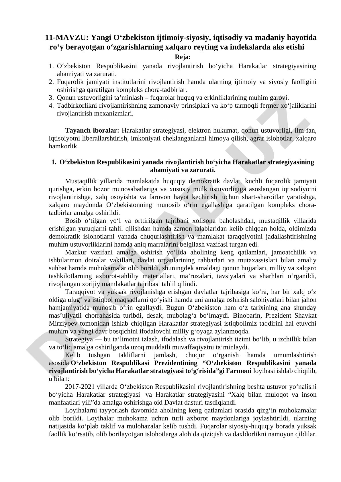 Yangi O‘zbekiston ijtimoiy-siyosiy, iqtisodiy va madaniy hayotida ro‘y berayotgan o‘zgarishlarning xalqaro reyting va indekslarda aks etishi