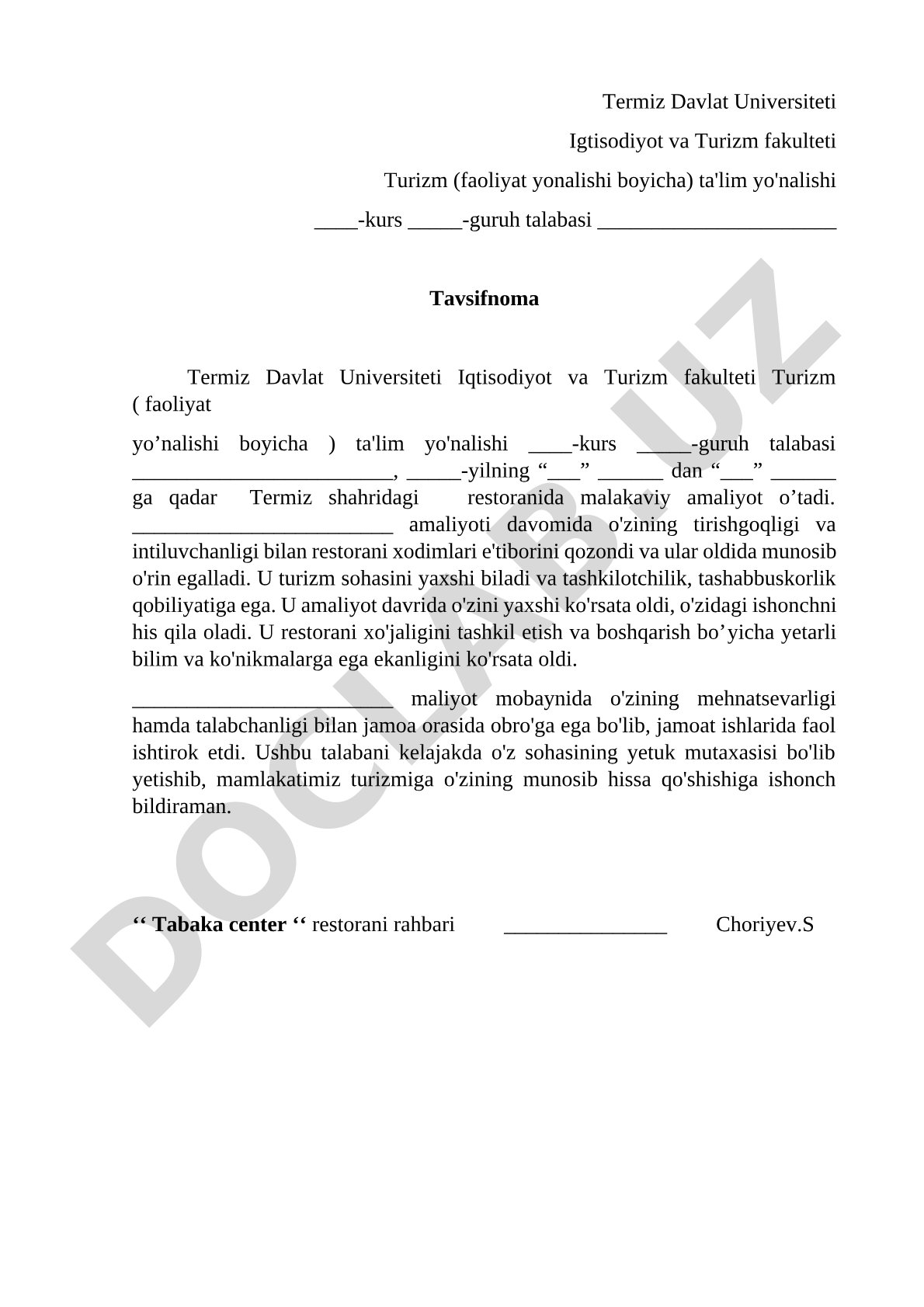 Turizm yo'nalishi talabasi uchun tavsifnoma
