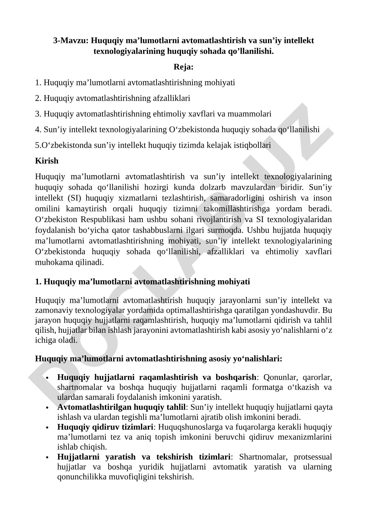 Huquqiy ma’lumotlarni avtomatlashtirish va sun’iy intellekt texnologiyalarining huquqiy sohada qo’llanilishi