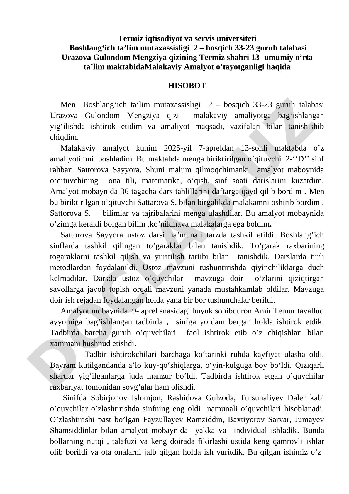 Boshlang'ich ta'lim mutaxassisligi malakaviy amaliyot hisoboti