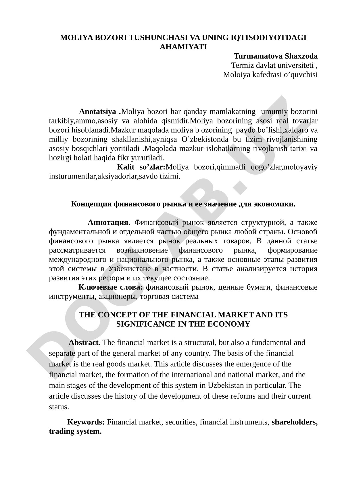 Moliya bozori tushunchasi va uning iqtisodiyotdagi ahamiyati