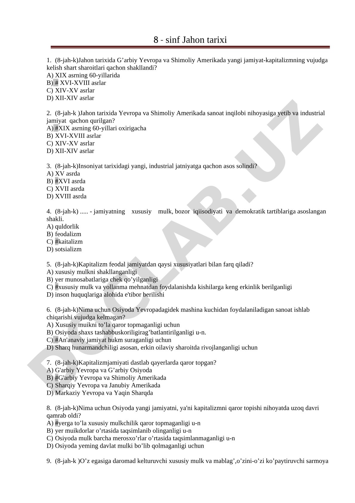 8-sinf Jahon tarixi test savollari