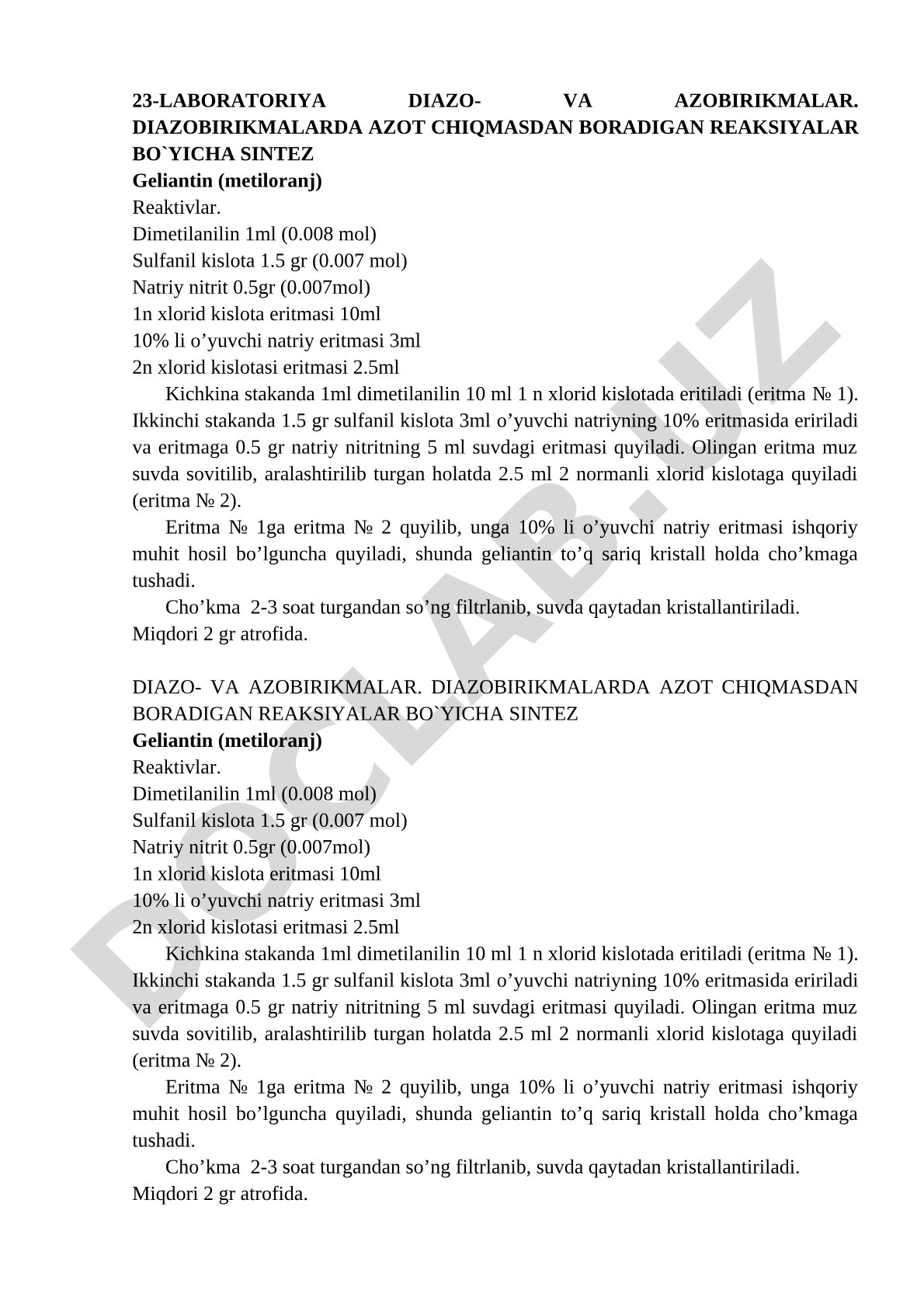 23-Laboratoriya diazo- va azobirikmalar. Diazobirikmalarda azot chiqmasdan boradigan reaksiyalar bo'yicha sintez. Geliantin (metiloranj)
