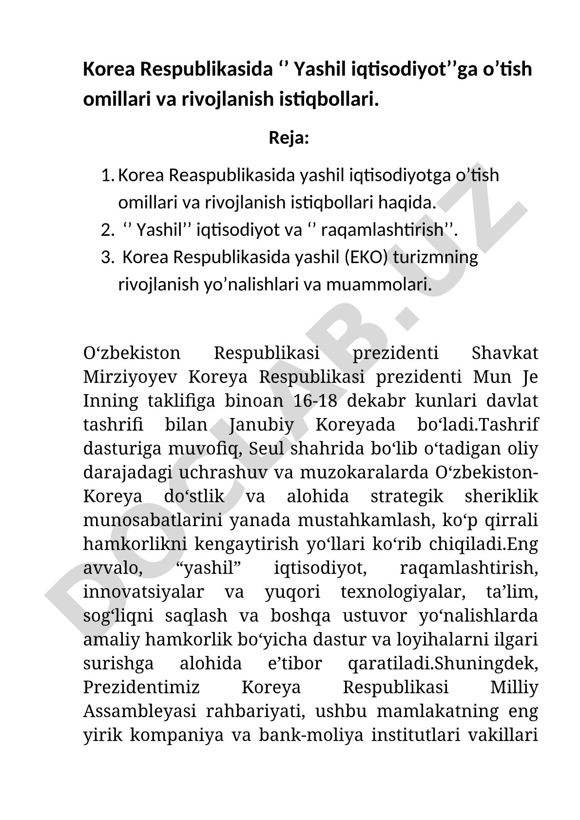 Korea Respublikasida Yashil iqtisodiyotga o'tish omillari va rivojlanish istiqbollari
