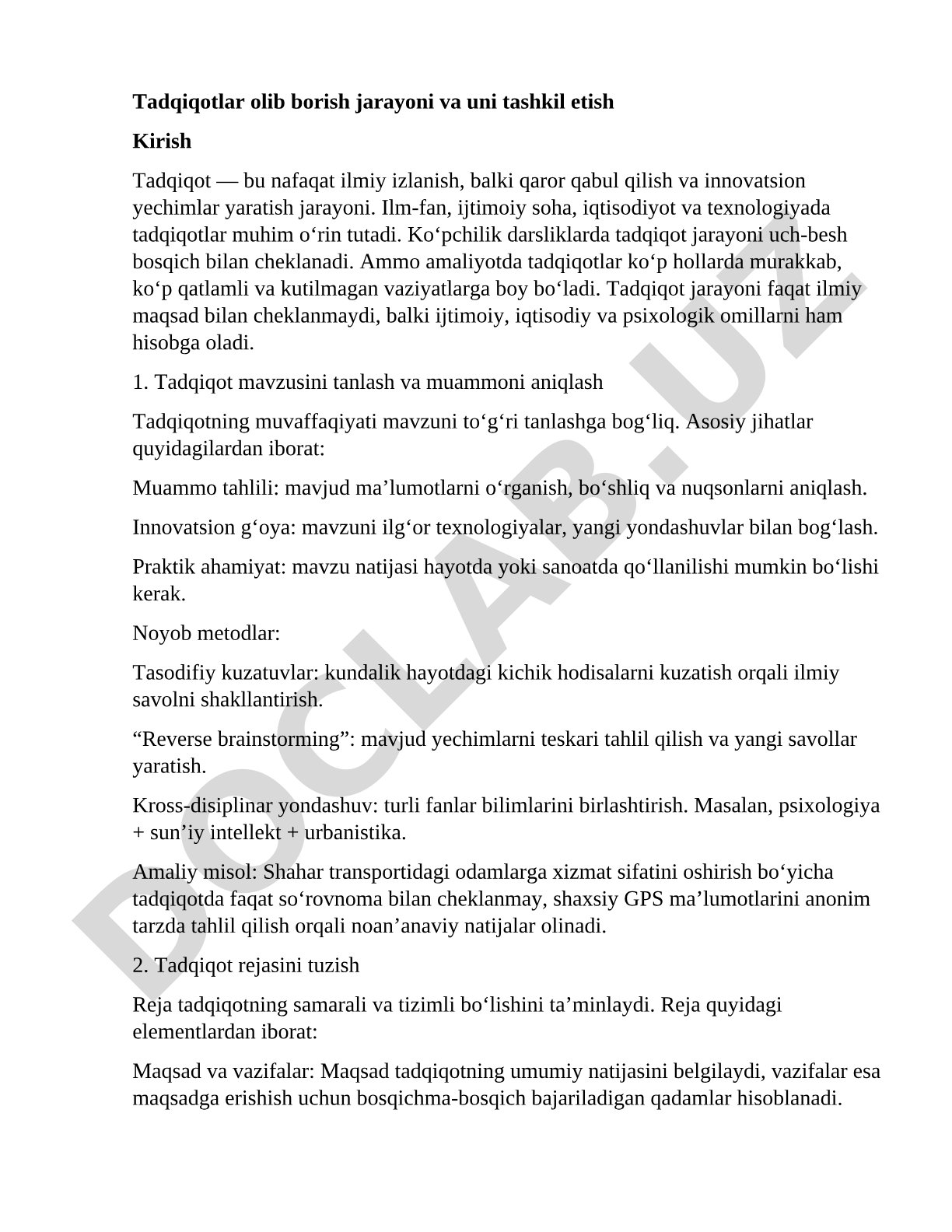 Tadqiqot jarayoni va uni tashkil etish