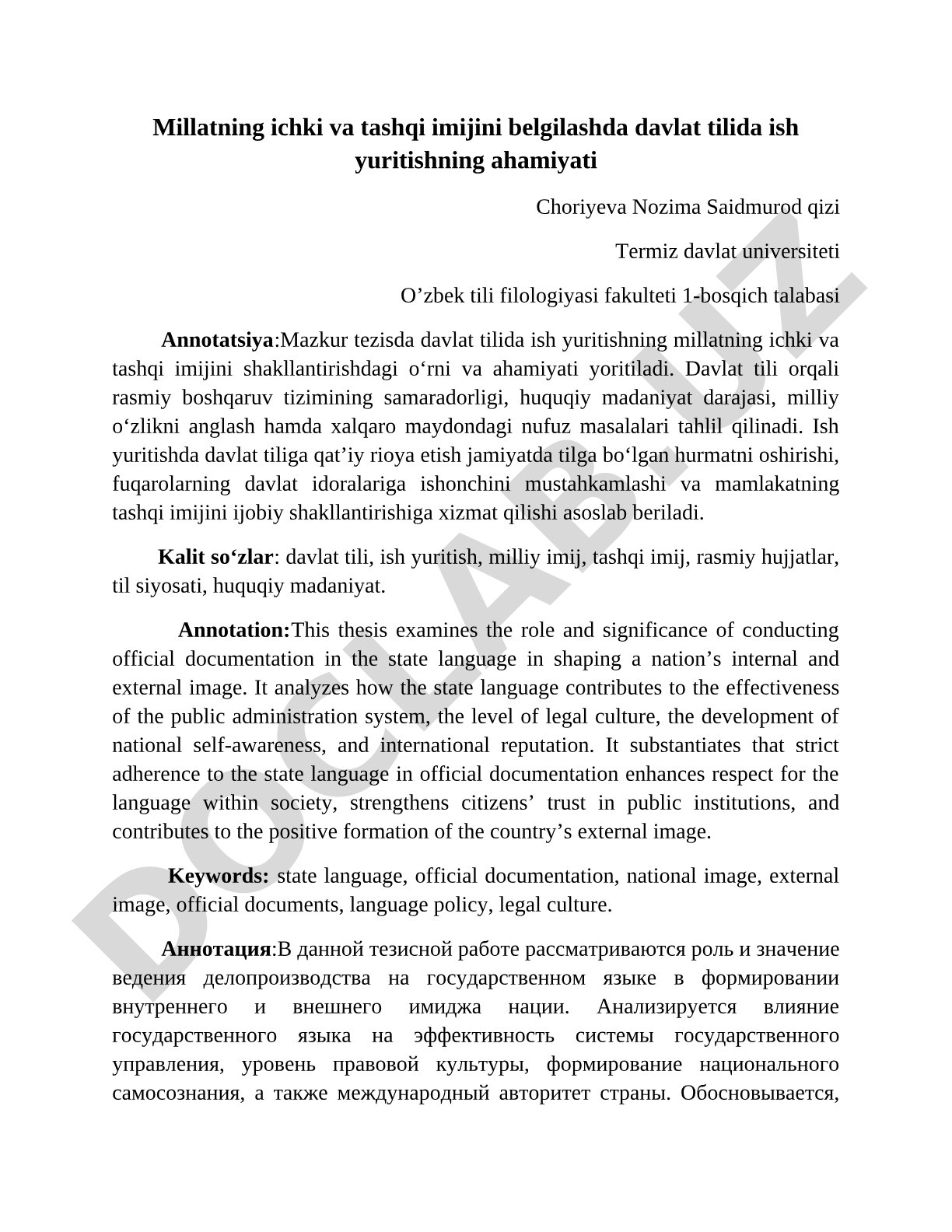 Millatning ichki va tashqi imijini belgilashda davlat tilida ish yuritishning ahamiyati