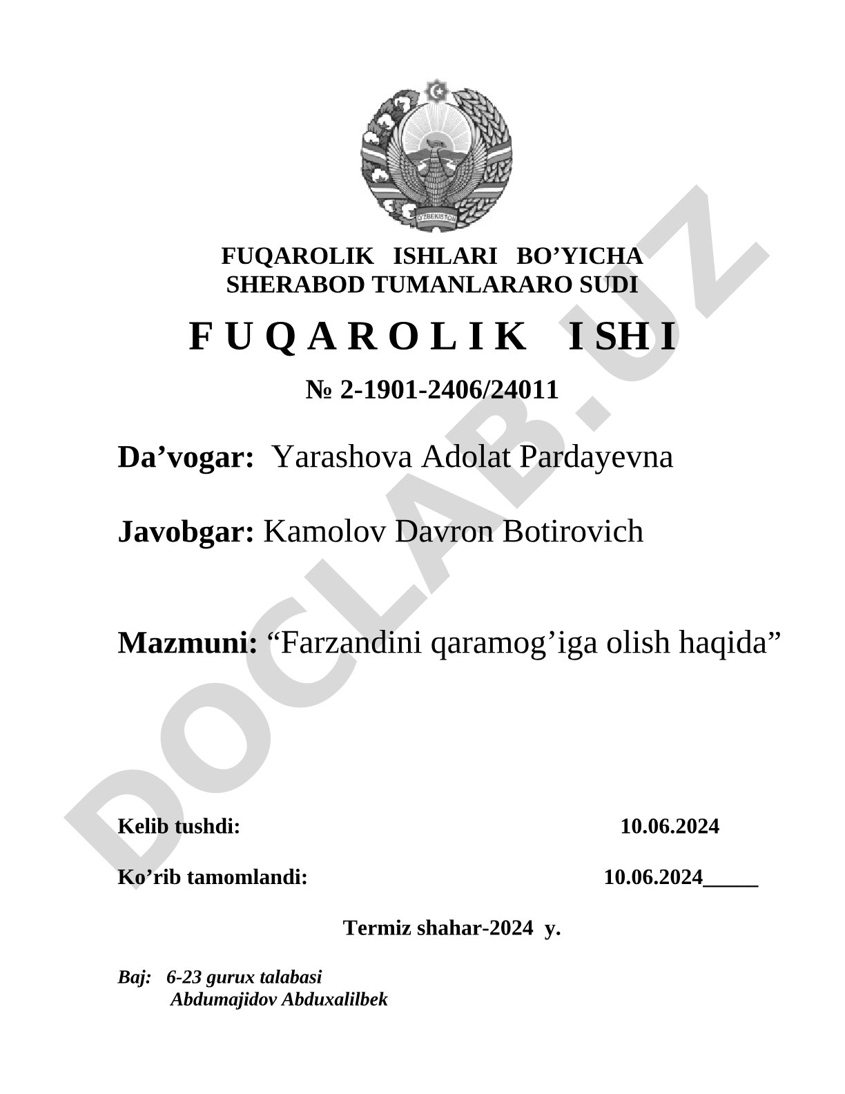 Farzandni qaramog'iga olish haqida da'vo arizasi